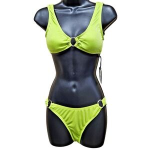 NWT Kendall + Kylie Bikini Set S Top M Bottom BBY Lime‎ Neon Yellow Shimmer Brat